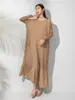 Vestido de Color Sólido con Textura Jacquard Plisado para Mujer Elegante Clásico Ajustado Cuello Redondo Jersey Falda Larga Bordada para Abajo