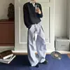 Pantalones de pierna ancha plisados de línea A a rayas azul claro estilo americano para hombre, holgados y versátiles para el uso casual diario, pantalones de corte limpio