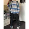 Suéter Masculino Color Block Tendência com Listras, Solto e Estiloso, Tricô Pulôver Casual Versátil, Suéter Ins Preguiçoso e na Moda