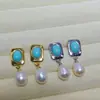 Pendientes de Imitación de Turquesa y Perla de Agua Dulce Natural Estilo Europeo y Americano Transfronterizos con Incrustaciones de Circonita y Diamante, Pendientes de Lujo de Gama Alta al por Mayor