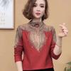 Otoño e Invierno nuevo terciopelo australiano cuello medio alto estampado camisa básica de moda versátil estilo occidental adelgazante manga larga top para mamá y mujer