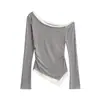 Camiseta Branca Assimétrica de Renda de Um Ombro para Mulheres, Estilo Doce e Picante para o Início da Primavera, Top Camiseta Básica Curta Slim Fit Off-Shoulder