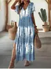 2026 Nuevo Vestido Largo de Manga Corta con Cuello en V Tie-dye Moda Transfronteriza Europea y Americana Vestido Casual