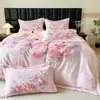 Sin pelusa~ Juego de cuatro piezas engrosado para otoño e invierno, algodón de fibra larga, cepillado, con estampado digital de estilo pastoral, juego de ropa de cama de algodón puro