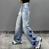 Jeans de Pierna Ancha Recta para Mujer, Estilo Nuevo de Verano 2025, Bloques de Color, Estampado Pintado a Mano, Caída Suelta, Cintura Alta, Efecto Adelgazante, Versátiles