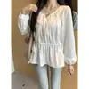 Blusa Babydoll Estilo Francés Talla Extra con Mangas Abullonadas, Camisa de Manga Larga con Volantes para Mujer, Primavera y Otoño, para Mujeres con Curvas, Top Hueco con Cintura de Corbata