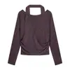 Tecido de Pelo de Coelho com Bolinhas Decote Halter Falso Duas Peças Camiseta de Manga Longa para Mulheres no Outono com Camisa Base Relaxada Off-Shoulder