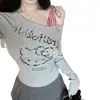 Verão Novo Doce Picante Slim Fit Estampa de Desenho Gatinho Gato Patchwork Xadrez Ombro Único Colete para Mulheres com Bojos Camiseta