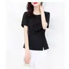 Camiseta de manga corta mate para mujer, ropa de verano para mujer, top de retazos asimétrico de color liso, elegante camiseta plisada de cuello redondo