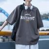 Camiseta Masculina Estampada com Letra Manga Curta Verão Nova Marca de Moda Americana Manga Meia Manga Top Solto Camiseta de Cinco Quartos para Homem