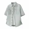 Nueva Moda de Verano Camisa Holgada de Color Sólido con Bolsillo Casual Estilo Vintage Americano de Algodón Lino Manga Corta para Hombre