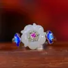 Conjunto Banhado a Ouro 18K Prata S925 com Jade Hetian Jade Branco Flor de Lótus Anel Feminino Retro Corte Acessórios para Roupas Han Anel de Dedo