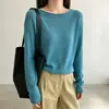 Malha azul lago! Blusa de malha solta de algodão seda lyocell com bainha enrolada, manga longa, para outono precoce, feminina