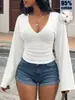 Al por mayor personalizado Suministro especial transfronterizo Venta caliente en Amazon Top de manga acampanada con escote en V pronunciado Ceñidor de cintura Camiseta corta ajustada para mujer