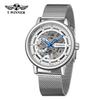 Reloj T-winner para hombre, de estilo europeo y americano, con mecanismo hueco, manual, fondo transparente, correa de malla milanesa, 8258