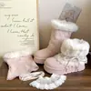 Botas de Nieve Gruesas con Adorno de Encaje Estilo Coreano Femenino para Mujer 2026 Nuevo Llegado de Invierno Pisos de Moda con Forro de Terciopelo Cálido