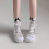 Meias de renda doce e puras estilo balé, três camadas, laço, meias brancas para panturrilha, meias tubulares jk com pérolas
