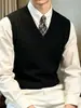Colete Tricot Gola V Masculino Estilo Britânico Retrô Outono Inverno Cor Sólida Jovem Roupa de Baixo Cardigã de Tricô Sem Mangas