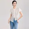 2603310-Elegante Blusa de Manga con Volantes Estilo Francés Adelgazante con Lazada de Tencel Acetato para Mujer, Estilo Verano