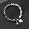 Prata S925 Moda Retrô Pingente Quadrado Pulseira de Pedra da Lua Pérola Pulseira Elástica de Cristal Labradorita Feita à Mão C0688