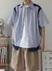 Camisa de Manga Corta a Rayas Patchwork Estilo Japonés para Hombre, Nueva Llegada Verano 2026, Top Camisa Casual Holgado para Hombre