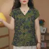 Nueva camiseta de verano elegante estilo chino con cuello en V y manga corta para madres de mediana edad, moderna y elegante, corte holgado, top adelgazante y que favorece la figura