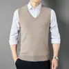 Chaleco de lana pura para hombre para otoño e invierno, cuello en V, sin mangas, adecuado para papás, talla grande, chaleco de punto, chaleco de lana