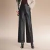Calças Elegantes de Couro Preto para Mulheres, Calças de Pernas Largas, Novidade Outono e Inverno 2025 Versão Coreana Slim, Design Estreito, Calças Tendência de Pernas Retas