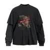 Conjunto de dos piezas de camiseta de manga larga estilo retro americano para hombre, corte holgado, estampado gráfico moderno, cuello redondo, adecuado para primavera y otoño