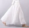 Saia Longa Artística de Algodão e Linho Elástica na Cintura, Estilo Novo Primavera/Verão, Saia Longa A-line de Linho Artístico Cor Sólida com Barra Larga