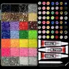 Caja de 24 compartimentos moderna y popular de diamantes de resina jelly de color AB con base plana, empaquetada para arte de uñas DIY, accesorios pequeños, venta al por mayor