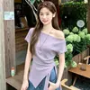 Camiseta asimétrica de manga corta sin hombros para mujer, diseño de verano con tiras, entallada a la cintura, abertura, top cropped sin hombros 26225