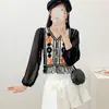 Ropa de punto calada de dos piezas falsas estilo bohemio para mujer, camisa de gasa de manga larga, camisa de verano protectora contra el sol, cárdigan de cuello en V, abrigo corto