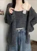 Cardigan de Tricô Novo Estilo Outono e Inverno Estilo Preguiçoso, Suéter Elegante de Cor Sólida, Suspensórios de Renda Femininos, Conjunto de Duas Peças de Roupa Externa Solta
