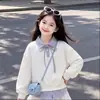 Conjunto moderno de primavera y otoño para niñas: un conjunto de dos piezas que presenta un top a rayas con cuello y paneles de contraste y una falda de encaje de color liso