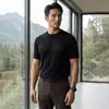 Camiseta de alta qualidade 100% caxemira pura, gola redonda, manga curta, malha fina, camada base para primavera e outono, estilo executivo