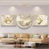 Pintura Decorativa para Sala de Estar Moderna Minimalista, Pintura para Pendurar na Parede de Fundo do Sofá de Luxo Leve, Mural de Porcelana de Cristal Triptíco com Pedras de Diamante