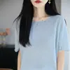 Camiseta de Punto Hueca de Manga Corta Estilo Minimalista Francés para Mujer, Verano Fina Holgada Transpirable Tacto de Alta Gama Camiseta Básica de Media Manga