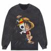 Camiseta de Manga Larga Oversize de Dibujos Animados Japoneses de One Piece con Batik Lavado de Estilo Retro Americano Antiguo