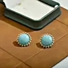 Brincos de Turquesa Estilo Palácio Retrô Vintage para Mulheres, Brincos Redondos de Luxo Leve de Alta Qualidade com Pinos de Prata 925