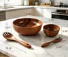 Conjunto de Tigela de Salada de Madeira de Acácia Utensílios de Mesa de Madeira Maciça Tigela de Frutas Doméstica Tigela de Madeira Inteira Combinação de Hashi, Colher e Garfo