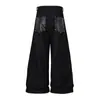 Jeans de Pierna Ancha con Parches de Cuero PU Plisado con Remaches y Botones para Hombre, Pantalones Casuales Sueltos de Estilo Hip-Hop Streetwear de Nueva Primavera para Mujer