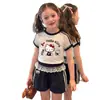 Conjunto de Verano para Niñas 2026 Nuevo Estilo para Niños Mayores, Estilo Dulce-Cool Americano Bloques de Color Manga Corta Pantalones Cortos Conjunto para Correr