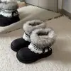 Botas de Neve Peludas com Cadarço e Sola Grossa Estilo Retrô Fair Isle para Mulheres 2025 Novas Botas de Algodão Quentes com Forro de Lã Espessado