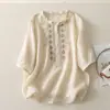 Blusa de algodão e linho com bordado pesado, estilo casual e simples de verão, manga curta, gola alta, T-shirt versátil de manga média, nova