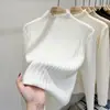 Suéter de punto con cuello medio alto y borde de volantes para mujer, color liso, primavera y otoño, top único de manga larga ajustado