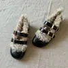 Karaia~Zapatos Mary Jane poco profundos de doble tira de cuero suave estilo francés, zapatos planos cálidos forrados de lana de cordero para mujer, para uso en exteriores