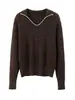 Sofisticación Old MoneySuéter de Punto Pesado Cepillado Suave y Cómodo de Color Contrastante con Cuello Plegable para Mujer, Otoño/Invierno
