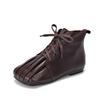 [Preço do Evento 185] Sapatos Artesanais de Couro Genuíno Bico Quadrado Cadarço Botas Baixas Outono e Inverno Couro Bovino Solado Macio Botas Curtas para Mulheres