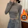 Camiseta de terciopelo fino y cálido con pliegues y cuello alto medio, manga larga, otoño e invierno, versátil, pura deseo, base, ajustada, corta para mujer